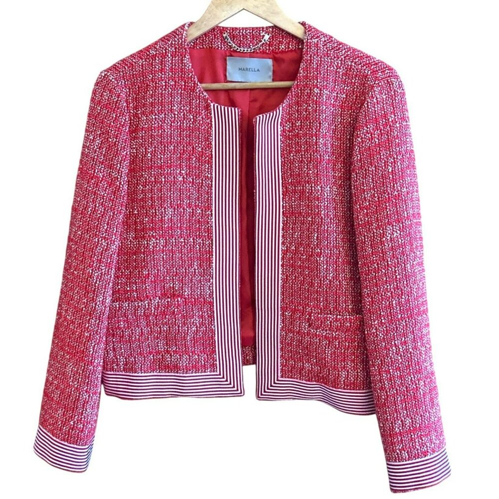 Marella by Max Mara Women's Red Tweed Jacket Striped Trim Size 10 Designer